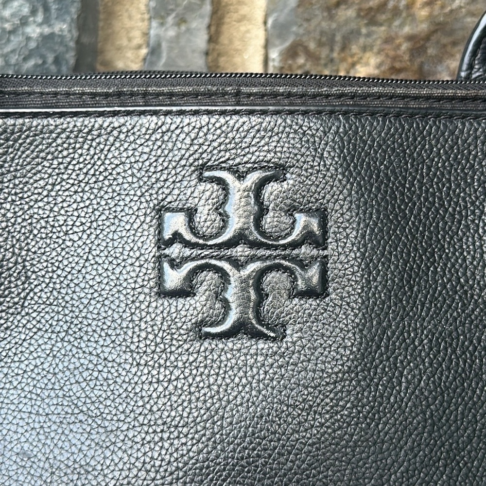 Tory Burch Ella Canvas Black Leather Tote Large Laptop Work Bag - Picture 3 of 9